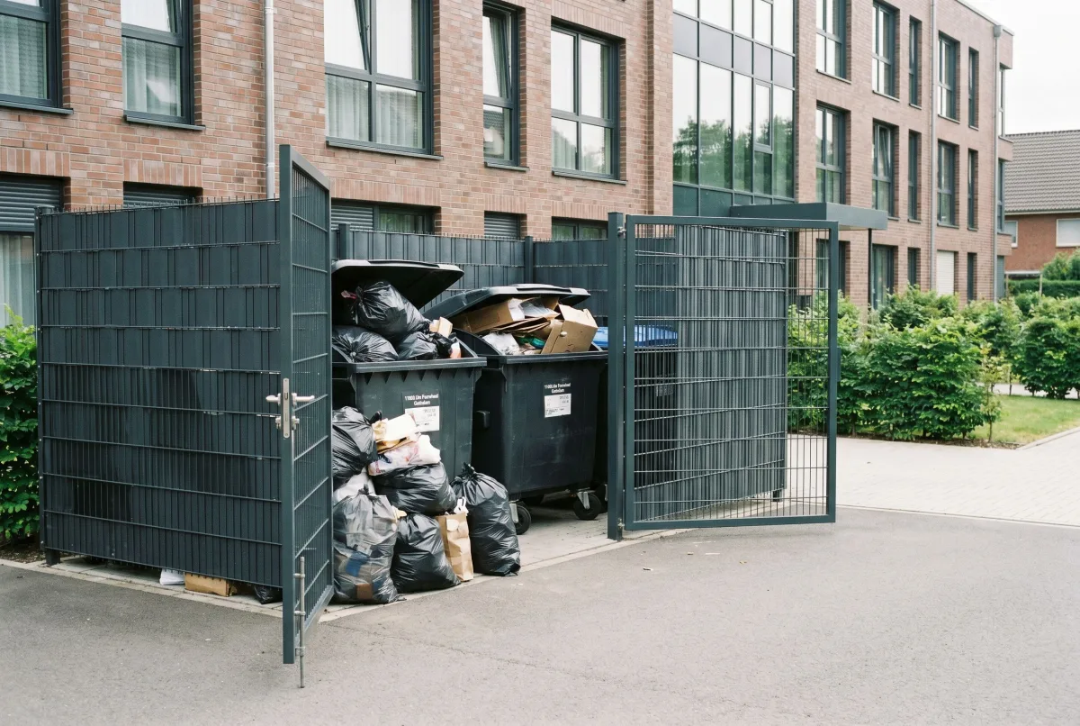 Überquellende Müllbehälter am Müllplatz eines Pflege- und Seniorenheims
