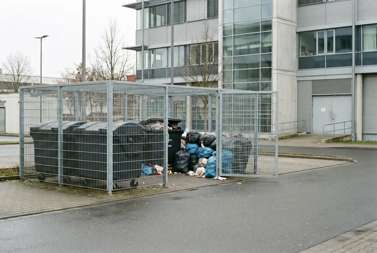 Überquellende Restmüllbehälter am Wirtschaftshof eines Krankenhauses